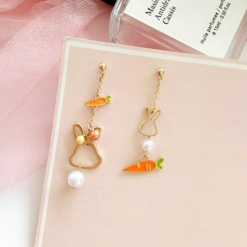 Exquisite Mini Pearls Bunny Carrot Stud Earrings Cute Fashion Simple Temperament Long Tassel Earrings Pendientes Women Jewelry