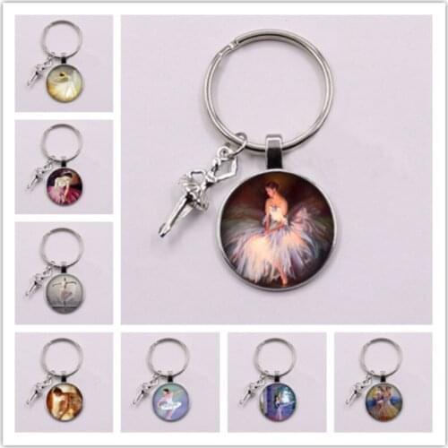 Ballet Dancer Keychain Ballet Dancer Figure Silhouette Glass Cabochon Keychain Ballet Girl Oil Painting Jewelry Keychain
