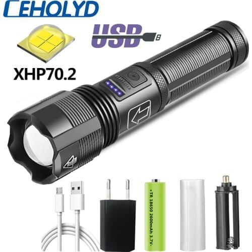 Dropshipping Led Flashlight XHP70.2 Tactical Hunting Power by 18650 AAA Battery Usb Rechargeable Torch Zoomable Lantern