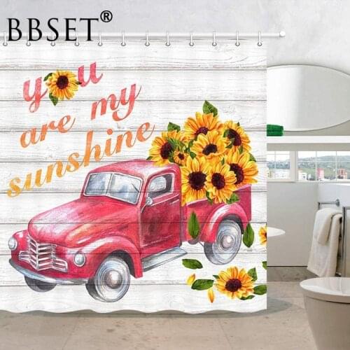 Vintage Shower Curtain Watercolor Red Pickup Truck with Sunflowers Pattern Waterproof Multi-size Douchegordijn Bathroom Decor
