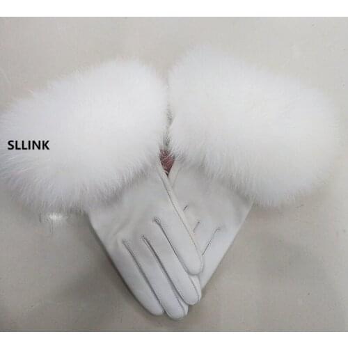 Female Luxury Real Leather Gloves With Fox Fur Cuff Women Warm Winter Genuine Ladies Casual Hand Warmer