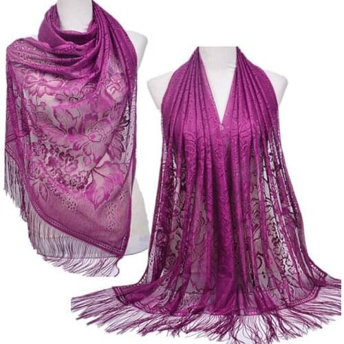 Women Muslim Islamic Solid Color Tassel Lace Hollow Long Hijab Scarf Shawl Wraps Stole Clothing Accessories Polyester Scarf