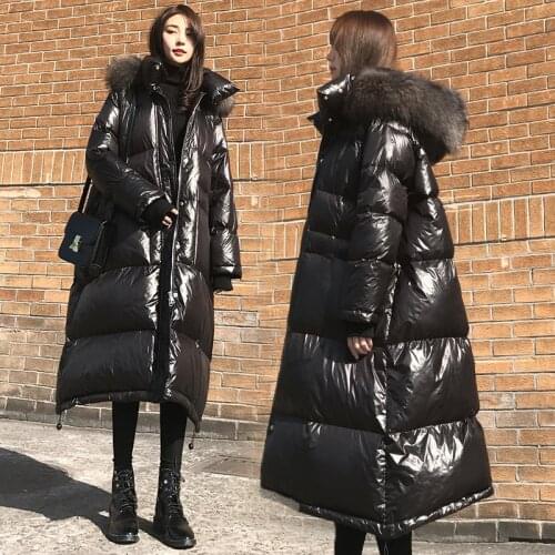 2019 winter women down coat fashion brand with big fur collar hooded warm down jacket female longer coat free shipping