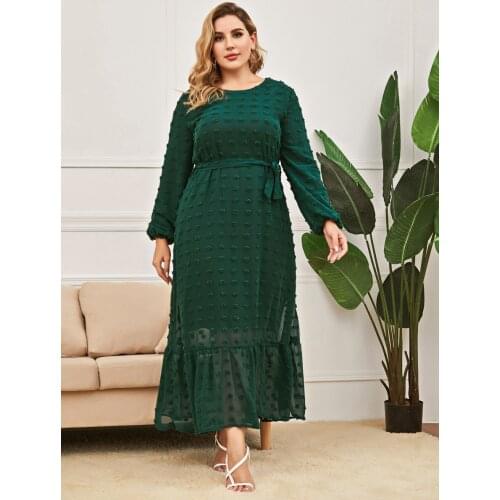 Plus Size Women Elegant Temperament Dress O-Neck Long Sleeve Navy Green Lace Mesh Stitched Long Skirt 2021 Summer New