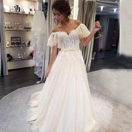 JIERUIZE Elegant Beach Wedding Dresses with Shawl Off Shoulder Backless Bow Sash Lace Appliques Bride Dresses vestidos de novia