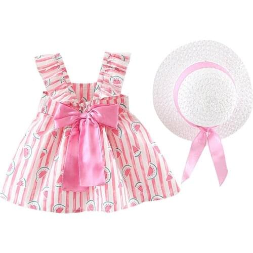 2020 Beautiful Summer Dress Baby Girl Clothes Newborn Toddler Kids Girls Floral Ruched Bow Watermelon Princess Dress Clothes Hat