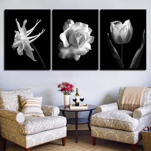 3 Pieces Nordic Black White Abstract Flower In Blossom Poster Canvas Art Print Wall Pictures Rose Tulip Painting Scandinavian
