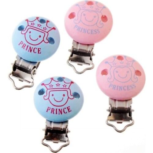 5PCs Baby Pacifier Clips Lovely Prince Princess Pattern White Wood Metal Holders Cute Infant Soother Clasps Funny Accessories