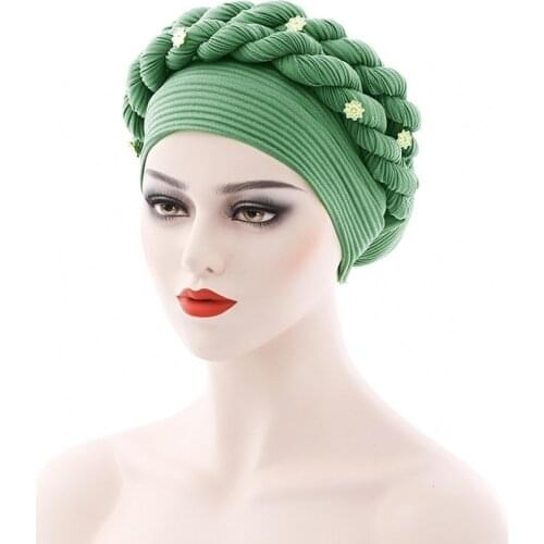 African Head Wrap Tie Turbans Women Pleated With Two Braid Bandana 2021 New Sweet Elegant Solid India African Bonnet Hijabs Caps