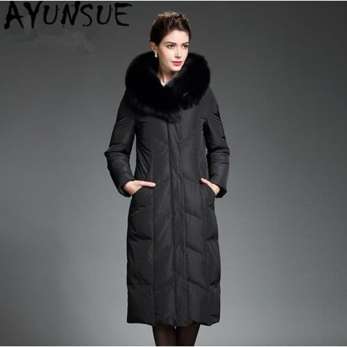 AYUNSUE Womens Winter Down Jacket Real Fox Fur Hooded 90% White Duck Down Coat Female Long Puffer Down Parka Mujeres Abrigos 58