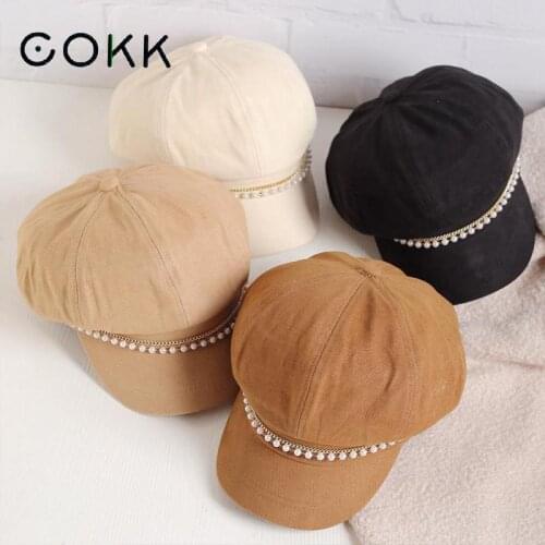 COKK Beret Women Autumn Winter Cotton Octagonal Hat Women Painter Cap Retro Beads Chain Korean Fashion Casual Newsboy Cap Female