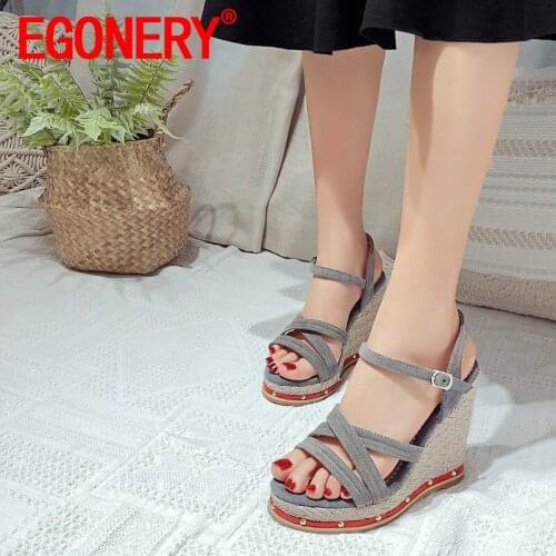 EGONERY Women Leisure Slope Heel Sandals summer New Style Round Toe Solid color soft Comfortable ventilation lovely sweet