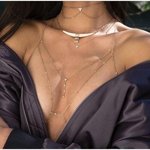 KMVEXO Rhinestone Body Necklace Chain Jewelry 2019 Women Sexy Chain Bra Statement Necklace Maxi Collier Bijoux Beach Accessories