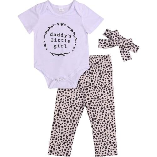 3Pcs Baby Girls Outfit, Summer Letter Printing Short Sleeve Round Collar Romper + Leopard Print Long Pants + Headwear Set