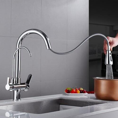 Kitchen Faucet Three-way Sink Faucet Household Kitchen Faucet Hot and Cold Faucet 360-degree Rotating Pull-out Faucet