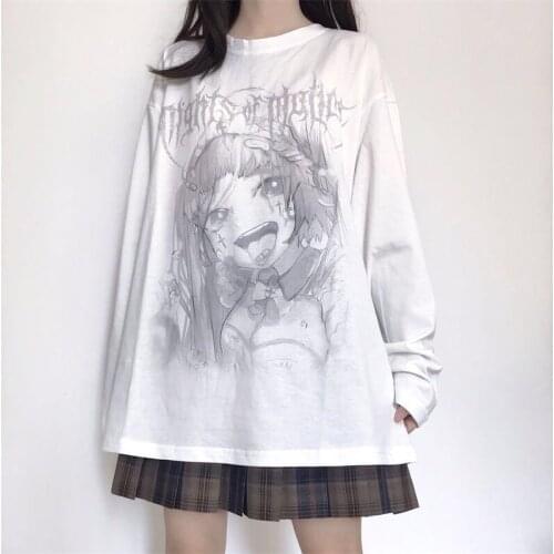 Japanese summer cartoon dark gothic tees hip-hop letter print Ulzzang Long sleeve casual Vintage tops Harajuku Womens t-shirts