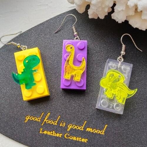 Fashion Lovely Cartoon Colorful Dinosaur Transparent Building Blacoks Drop Earrings Women Funny Animal Geometric Dangle Earrings