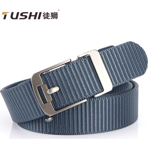TUSHI 2021 Hot Sell Tank Pattern Nylon Weave Men Belt Hollow-out Metal Automatic Buckle Leisure Male Waistband 120cm*3.4cm Jeans