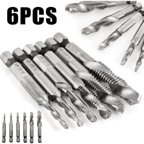 6Pcs High Speed Steel Tap Drill Bits Set HSS 1/4" Hex Shank Combination Drill Tap Bit Deburr Countersink Set