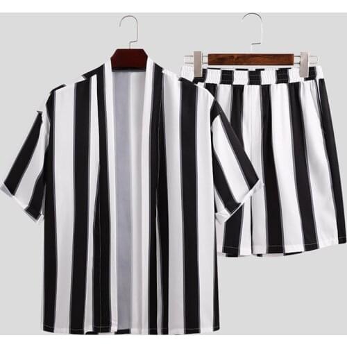 Japanese Streetwear Men Summer Casual Loose No Buttons Sets Plus Size Kimono Shirt + Shorts Striped Mens Clothing 2 Piece Set