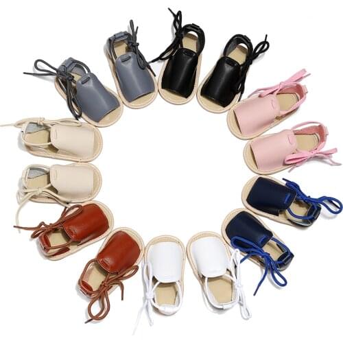 0-24M Baby Boys Girls Crib Shoes Cute Summer Lace Up Sandals Soft Anti-Slip Sole Infant First Walkers