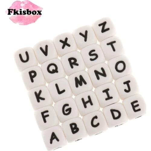 Fkisbox 50pc Silicone Alphabet Letter Beads BPA Free Cube12mm Silicone Chewing Bead DIY Teething Chew Jewelry Necklace Beads