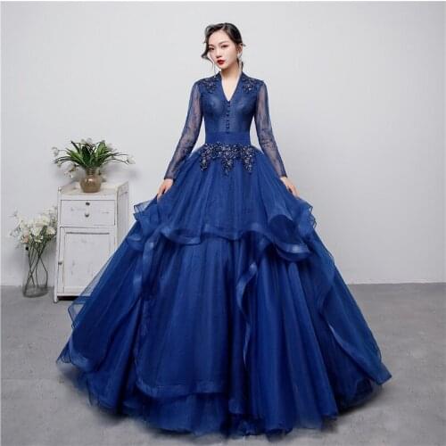 Navy blue V-neck long-sleeved tutu Evening dress bride toast formal dress banquet performance elegant wedding prom dress A152