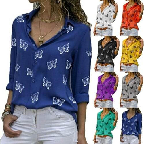 2021 New Fashion Butterfly Print Women Blouses Long Sleeve Turn-down Collar Blouse Shirt Casual Tops Elegant Work Shirt