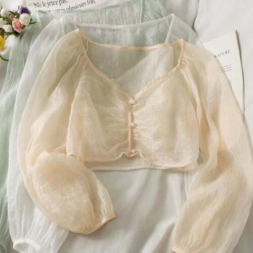 Womens Summer Thin Puff Sleeve Sunscreen Clothes Small Shawl Outer Blouse with Sling Skirt Cardigan Short J