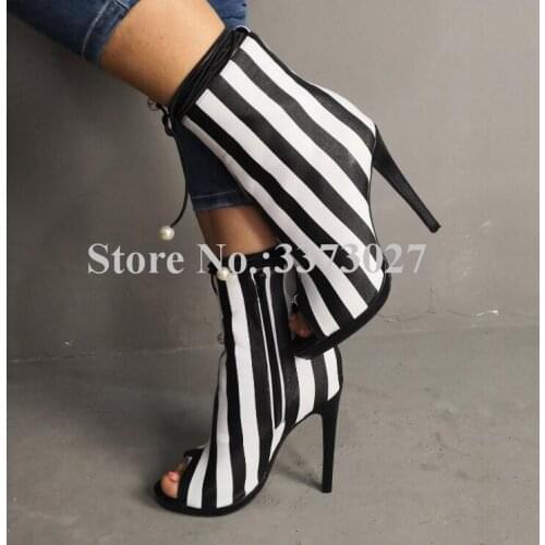 New Design Zebra Ankle Boots Women Fashion Peep Toe Lace-up Stiletto Heel Sandals Boots Lady Real Photos Short Boots Large Size