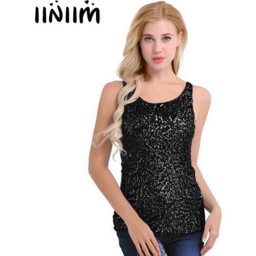 Iiniim Womens Shine Glitter Sequin Embellished Sleeveless Vest Tank Tops Fashion Style Clothing for Cocktail Party Clubwear