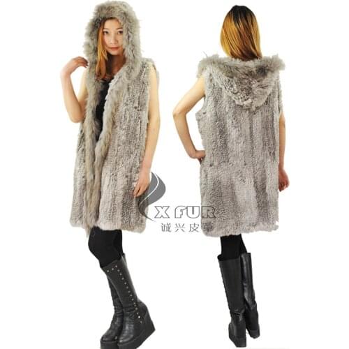 CX-G-B-68 autumn winter women fashion rabbit fur with a hooded fur vest coat long vest