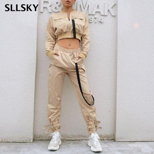 SLLSKY Women Fashion Two Pieces Suit Solid Safari style Crop short Top Long pants Female Casual Basic Cotton Streetwear Sets