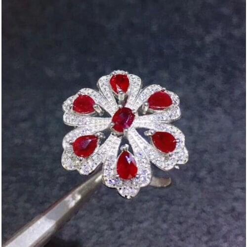 Per jewelry Natural real ruby flower ring Free shipping 925 sterling silver 0.35ct*7pcs gemstone Fine jewelry S8100305
