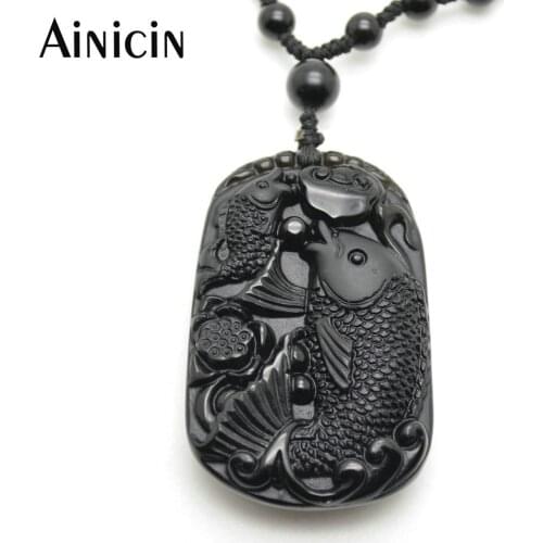 1pcs Fine Carved Crap Fish & Louts Black Semi-precious Stone Pendant With 18~24 Inches Adjustable Chain Necklace For Women