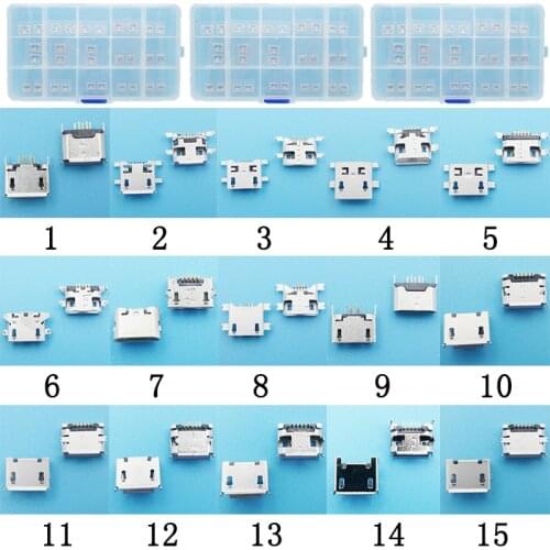 150pcs/box 15 Models Micro USB Connector B Type Port 5 Pin Microphone Charging Port Connector For Sony Huawei Vivo Samsung etc