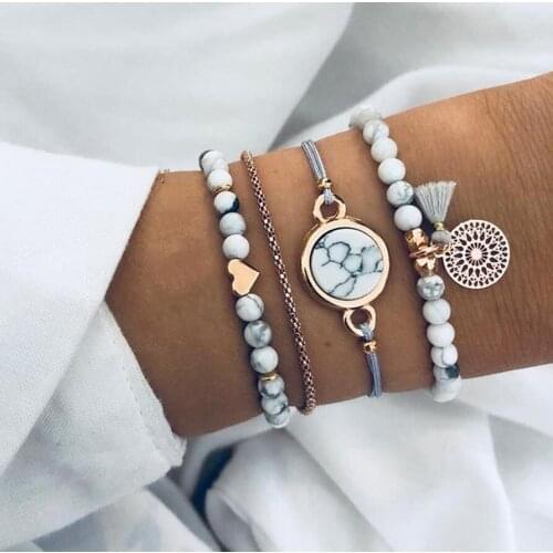 4Pcs/Set Fashion Multi-layer Bead Rope Chain Natural Stone Pendant Bracelets Set For Women New Charm Bracelet Jewelry Gift