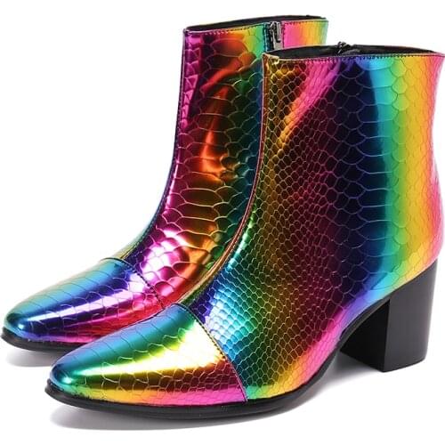 Designer Mens Shoes High Heels Snake Skin Rainbow Color Genuine Leather Cowboy Ankle Boots Party Wedding Military Botas Hombre