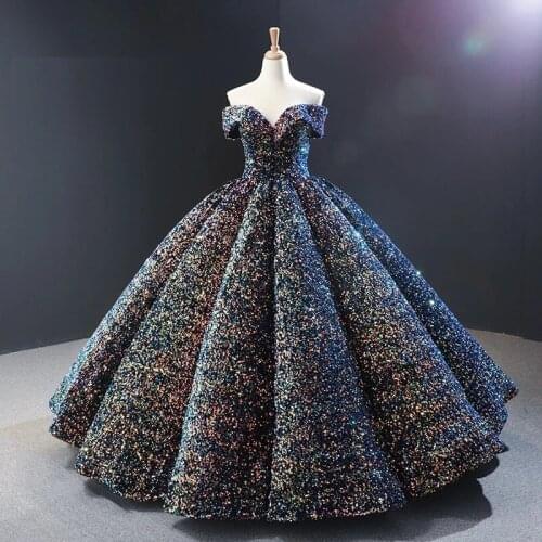 Dreamy Sequin Evening Dresses Long Off Shoulder Fluffy Luxury Princess Formal Party Prom Dress