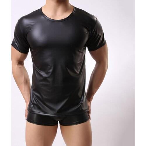 Men T-shirt Short Sleeve Elastic Faux Leather Undershirt Muscle T-shirt for Party