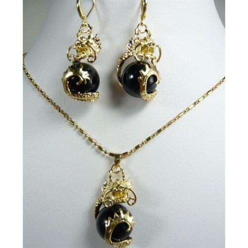 Good Beautiful Black jade Dragon Pendant Necklace Earring set