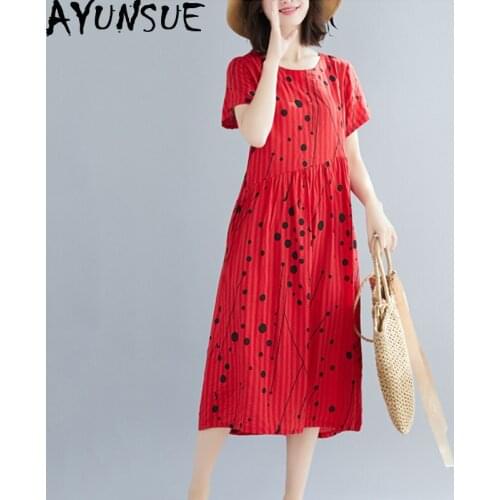 AYUNSUE Summer Cotton Linen Dress Women Midi Polka Dot Casual Dress Female Vintage Beach Ladies Dresses Party Vestido KJ4001