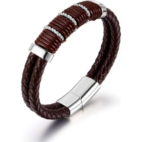 Fashion Bracelet Multilayer Genuine Leather Braided Punk Bangles For Fathers Day Mens Birthday Gift