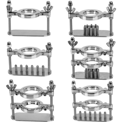6 Style Male Chastity Cock Ring Stretcher Scrotum Stimulation Lock Training Device Metal Spike Penis Ring Clamp Testicle Clamp
