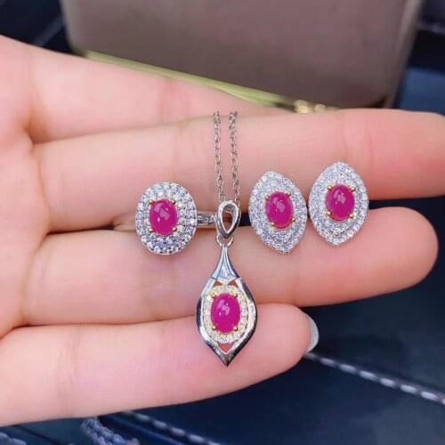 New Arrival Natural Real Ruby Set Natural And Real Ruby Jewelry set 925 sterling silver 1pc Ring,1pc Pendant,2pcs Earring