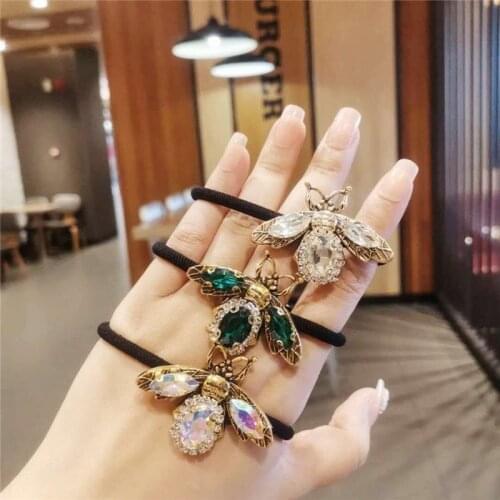 New Retro Elegant Bee Elastic Hair Bands Female Green Crystal Rhinestones Jewelry Hairband Rope Girls Hair Accessories for Women