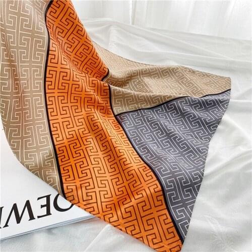 OMEA 100% silk long scarf women orange patchwork striped bandana head scarf luxury headwraps designer fashion shawl Geometric