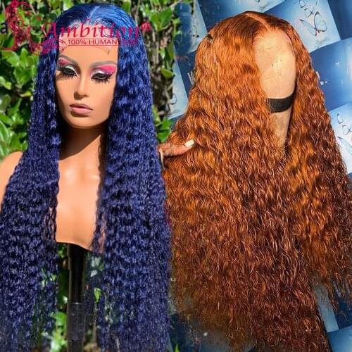 Ambition Ginger Orange Human Hair Lace Wigs Preplucked 13x6 Lace Frontal Wigs 180% Blue Curly Glueless Lace Wigs Bleach Knots