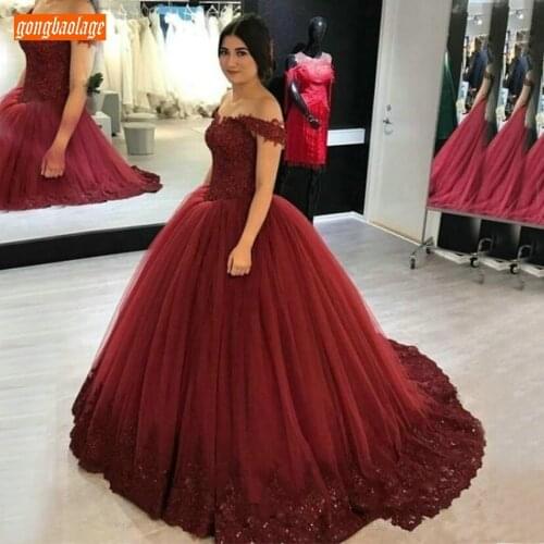 Luxury Burgundy Ball Gown Wedding Dresses Sweetheart Applique Lace Bridal Dress Sexy Off Shoulder Illusion Castle Wedding Gowns