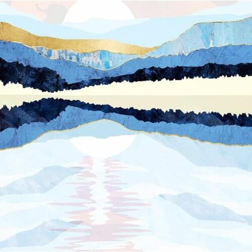 Nordic Art Abstract Winter Landscape Golden Blue Pink Mountain Reflection Poster Canvas Print Modern Painting Wall Decor Picture